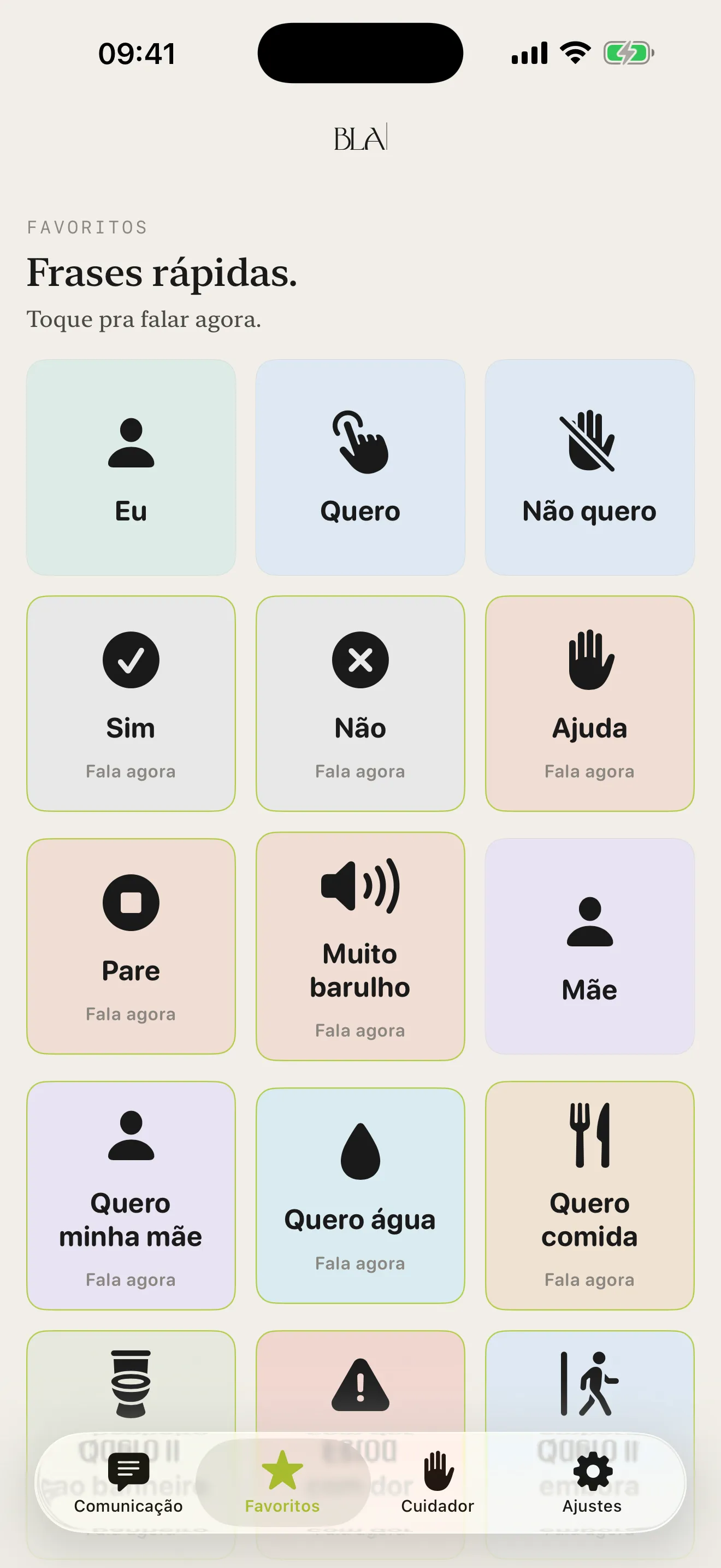 CAA Brasileiro BLA: Aba Favoritos. Cartões com borda Verde BLA falam ao toque, sem entrar na frase.